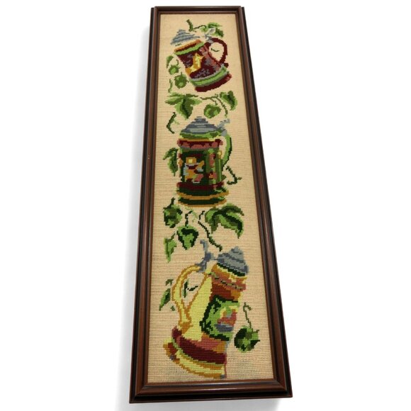 BEER STEIN Needlepoint Art in Brown Wood Frame Wall Decor Vintage 30" - Picture 2 of 9